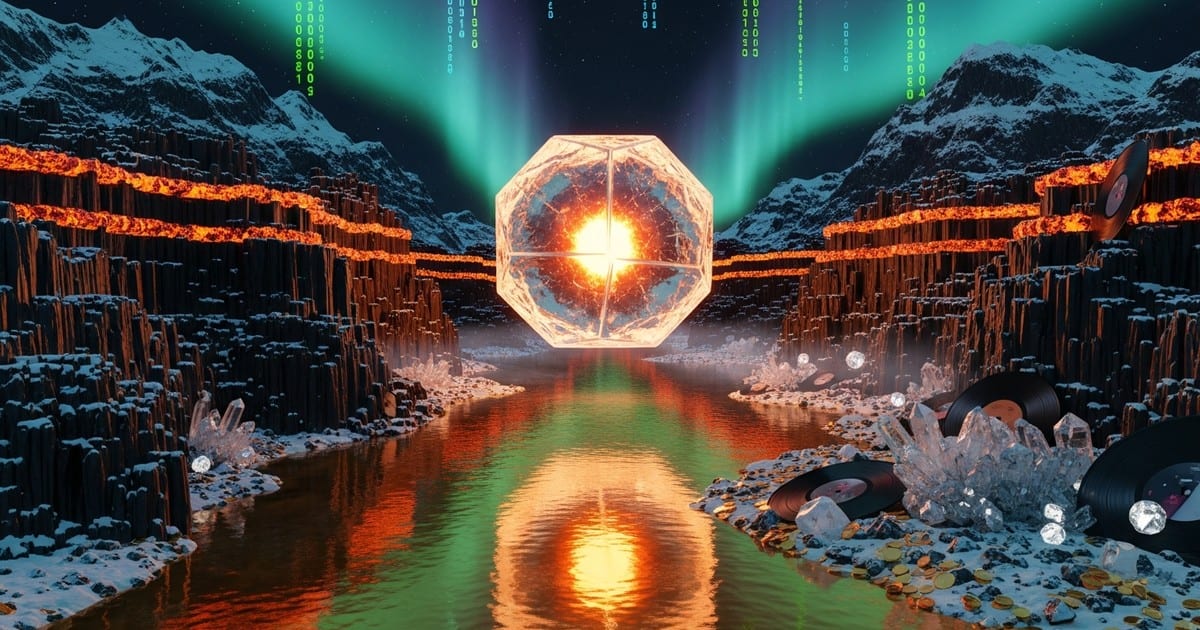 Surreal digital landscape of a Norwegian fjord made of vinyl and ice, with a river of liquid gold and data-stream northern lights.