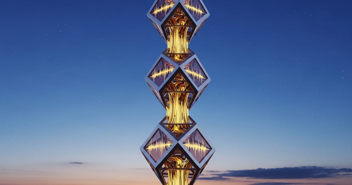Surreal digital sculpture resembling Brancusi's Endless Column made of glowing golden data blocks rising from a misty Carpathian landscape.
