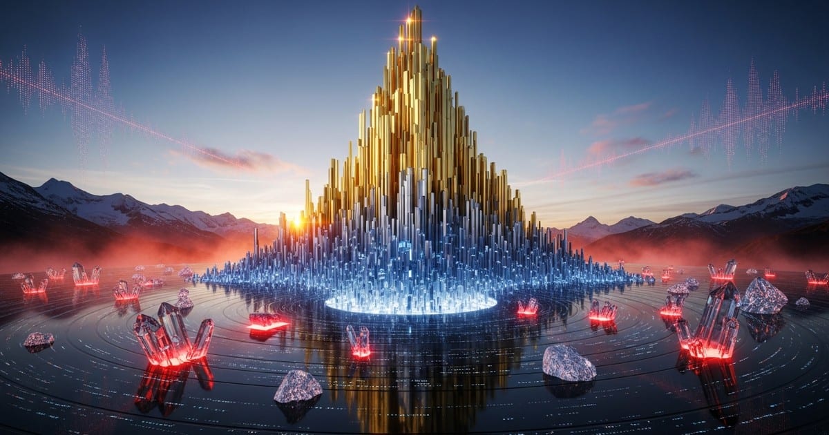 Surreal digital art of a Swiss mountain composed of gold and glass audio equalizer bars, rising from a valley of liquid vinyl, symbolizing