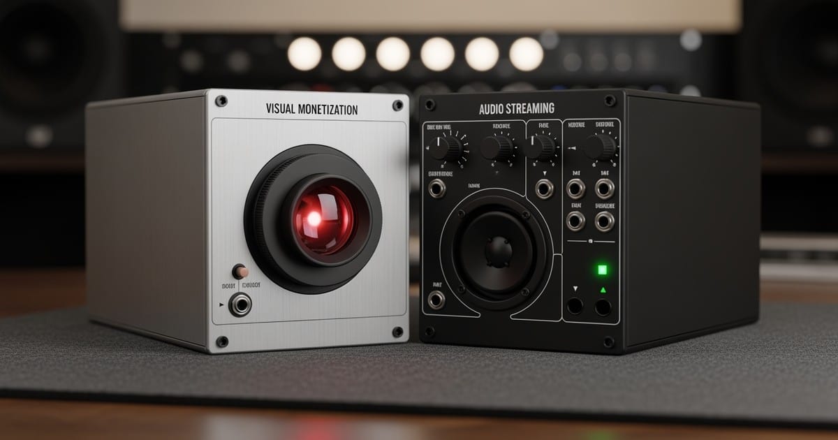Two conceptual synthesizer modules on a felt desk mat; one features a glowing optical lens, the other a matte black speaker cone.