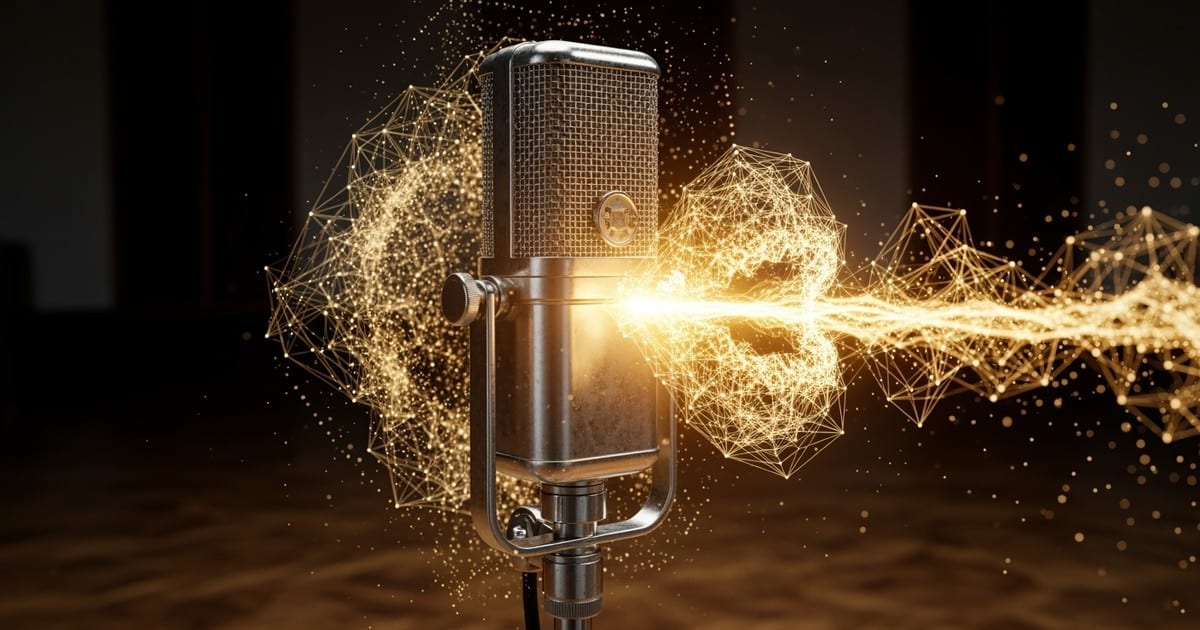 A vintage studio microphone illuminated by a swirling vortex of golden digital data particles, with a traditional Brazilian cavaquinho instrument resting on a stool in the dim background.