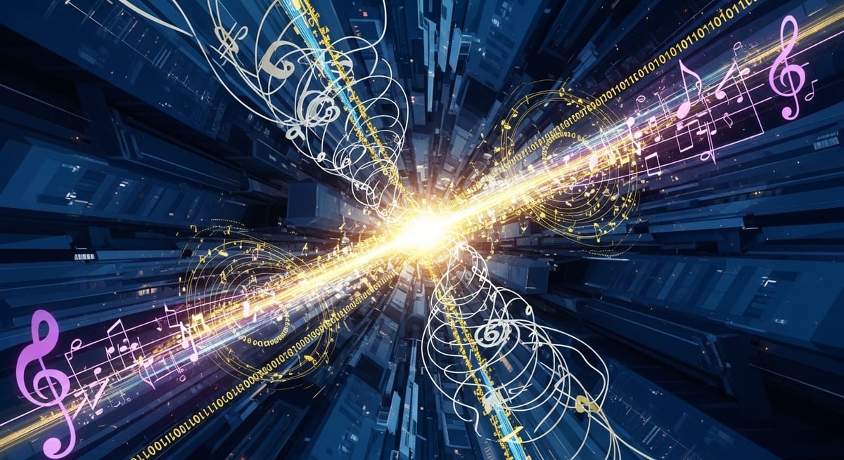 Abstract visual of musical notes and digital streams forming a cityscape with vibrant colors.