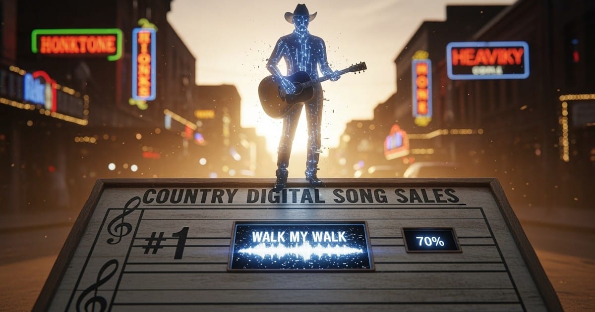 An AI cowboy made of circuits stands on a glitching Billboard 국가 music chart on a Nashville street.