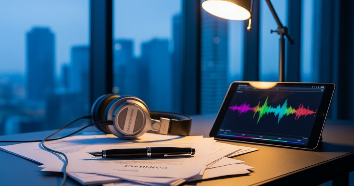 Close-up editorial photography of a luxury executive desk with a fountain pen, contracts, and studio headphones in a modern h