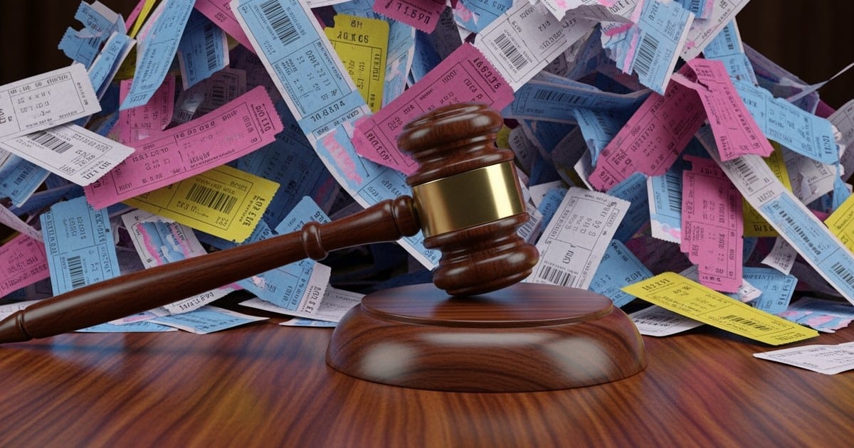 Close-up of a wooden judge's gavel on a desk, buried under a massive, chaotic avalanche of colorful concert ticket stubs.