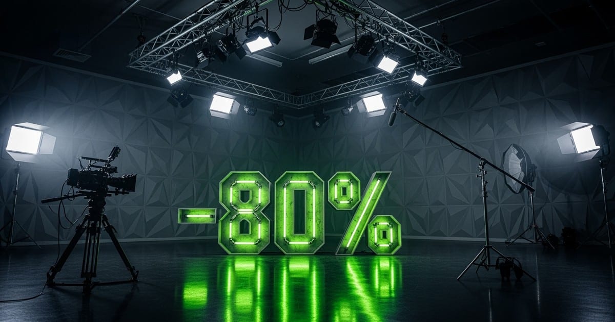 Cinematic wide shot of a dark, high-tech video studio. A massive, glowing neon green structure spelling '-80%' stands on the 