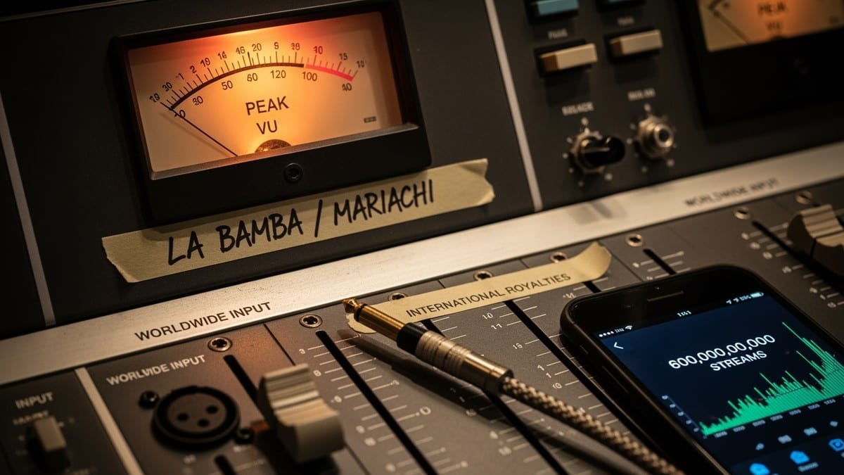 Close-up of a vintage analog mixing console with a channel labeled 'La Bamba' peaking in the red, while an output cable labeled '글로벌 로열티' lies disconnected. (16:9)