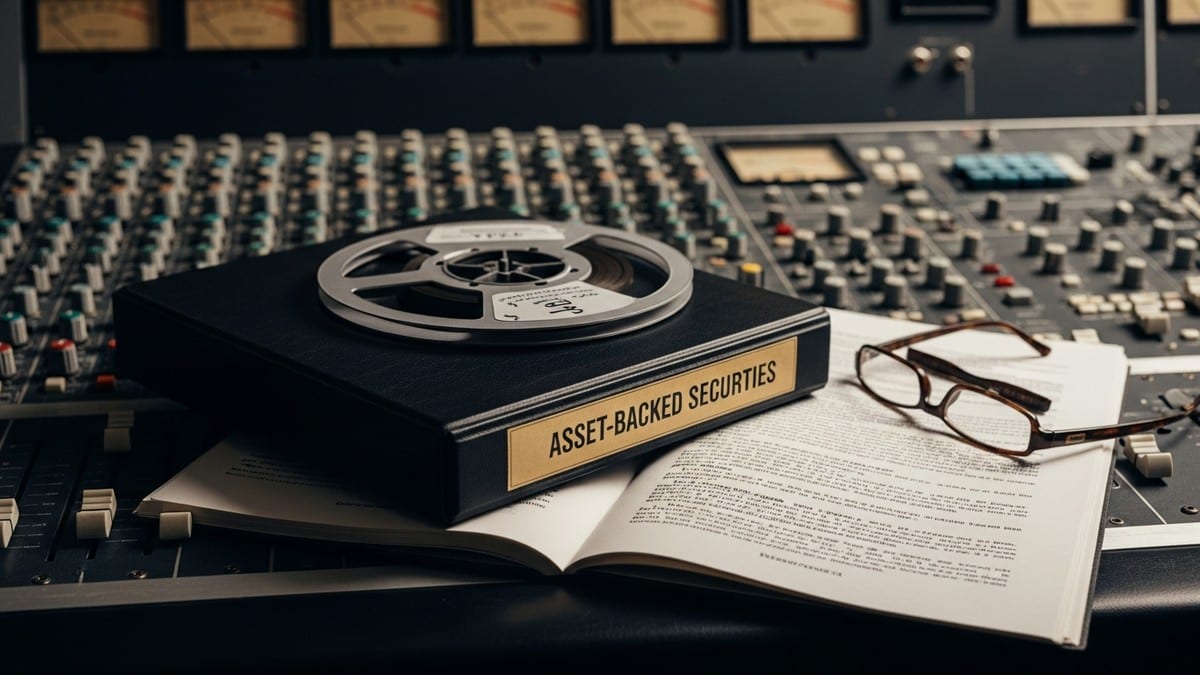 A thick financial deal binder titled 'ASSET-BACKED SECURITIES' resting on a worn analog mixing console next to a master tape reel, bathed in cool morning window light. (16:9)