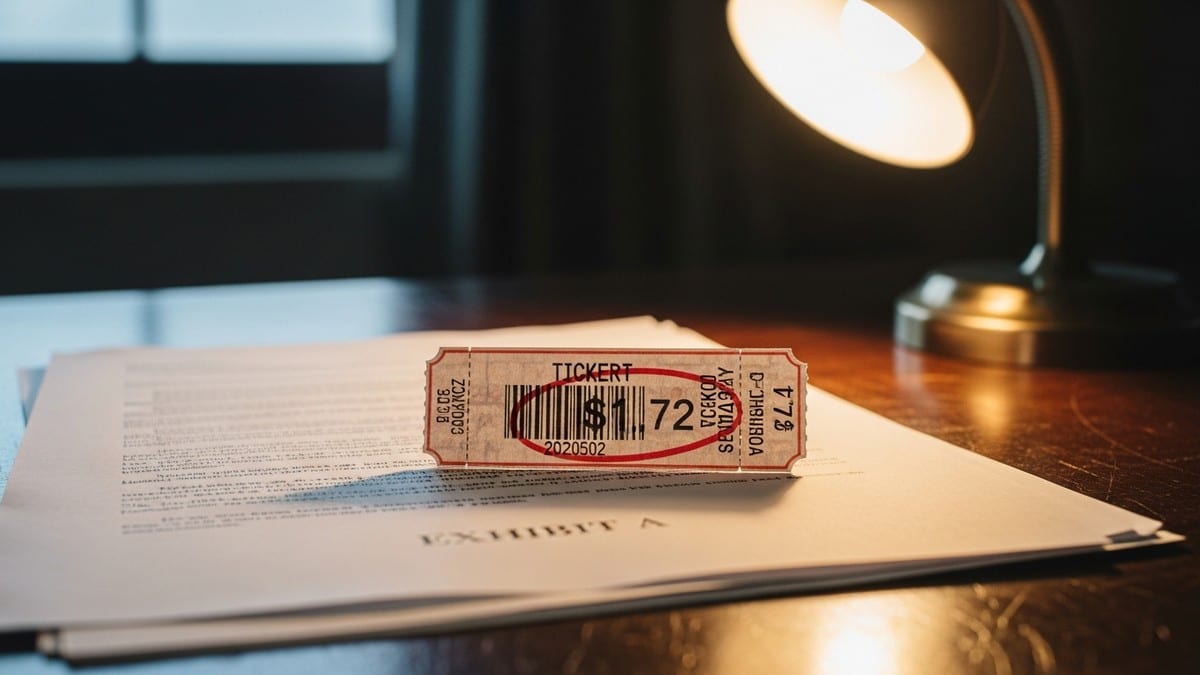 Close-up photograph of a worn concert ticket resting on a stack of legal briefs. A red pen circle highlights a fee of $1.72. The scene is lit by a warm desk lamp. (16:9)