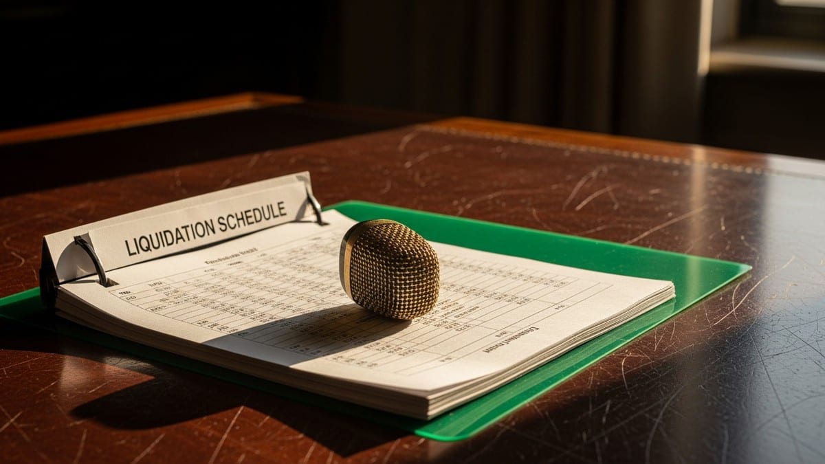 A thick financial document resting on a dark mahogany desk, weighted by a vintage brass microphone capsule with a green acetate folder catching light. (16:9)