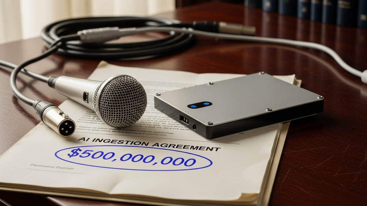 A vintage microphone capsule and a modern silver hard drive sit on a thick legal contract with $500,000,000 circled in blue ink on a wooden desk. (16:9)