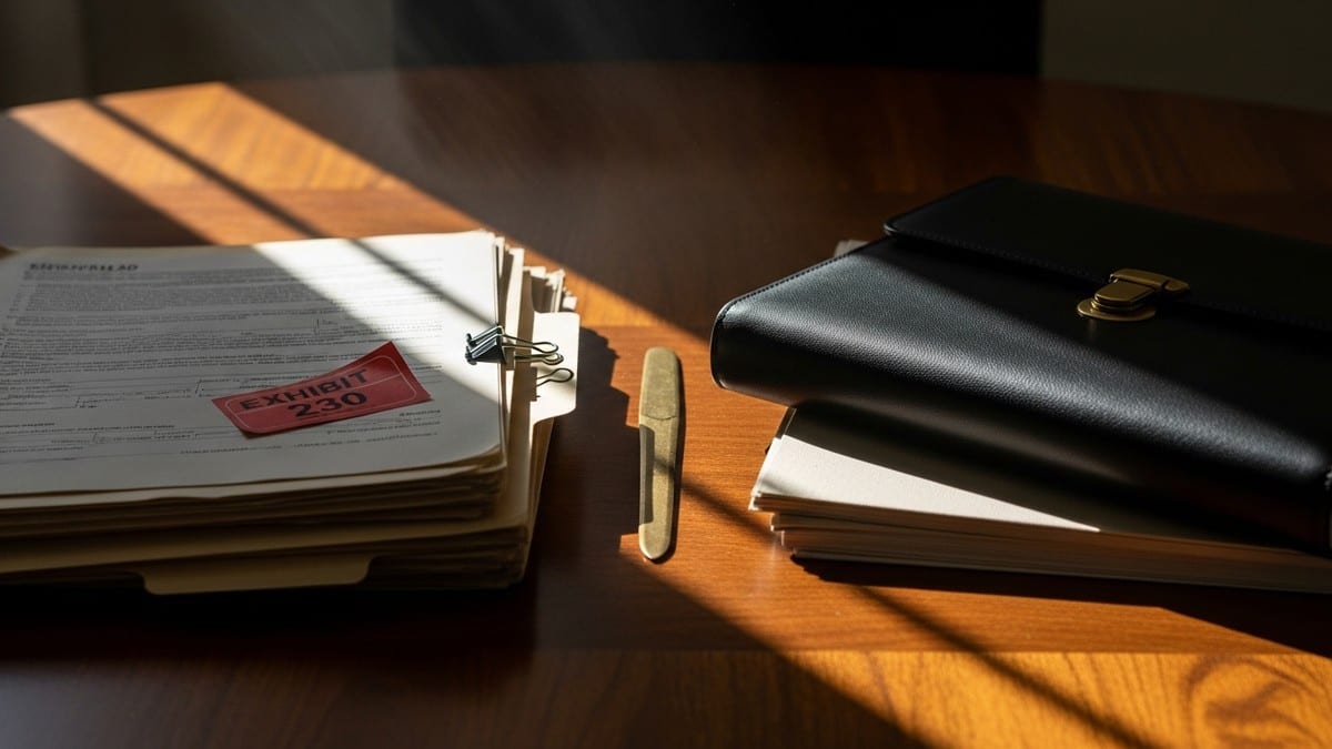 A divided still life on a scarred walnut table. A harsh beam of sunlight separates a messy stack of shadowed paperwork with an 'Exhibit 230' sticker from a pristine leather portfolio in bright light. (16:9)