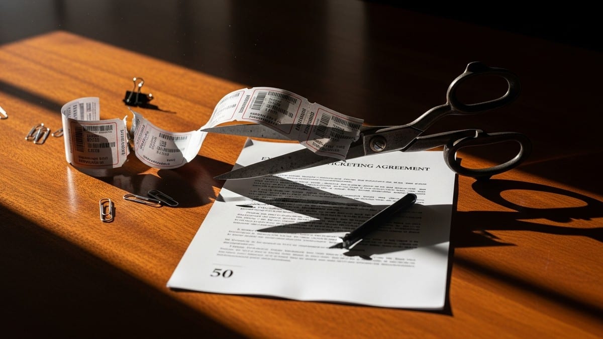 A legal contract titled 'EXCLUSIVE TICKETING AGREEMENT' rests on a dark wood desk. Steel shears lie on top, having sliced through a thermal concert ticket. (16:9)