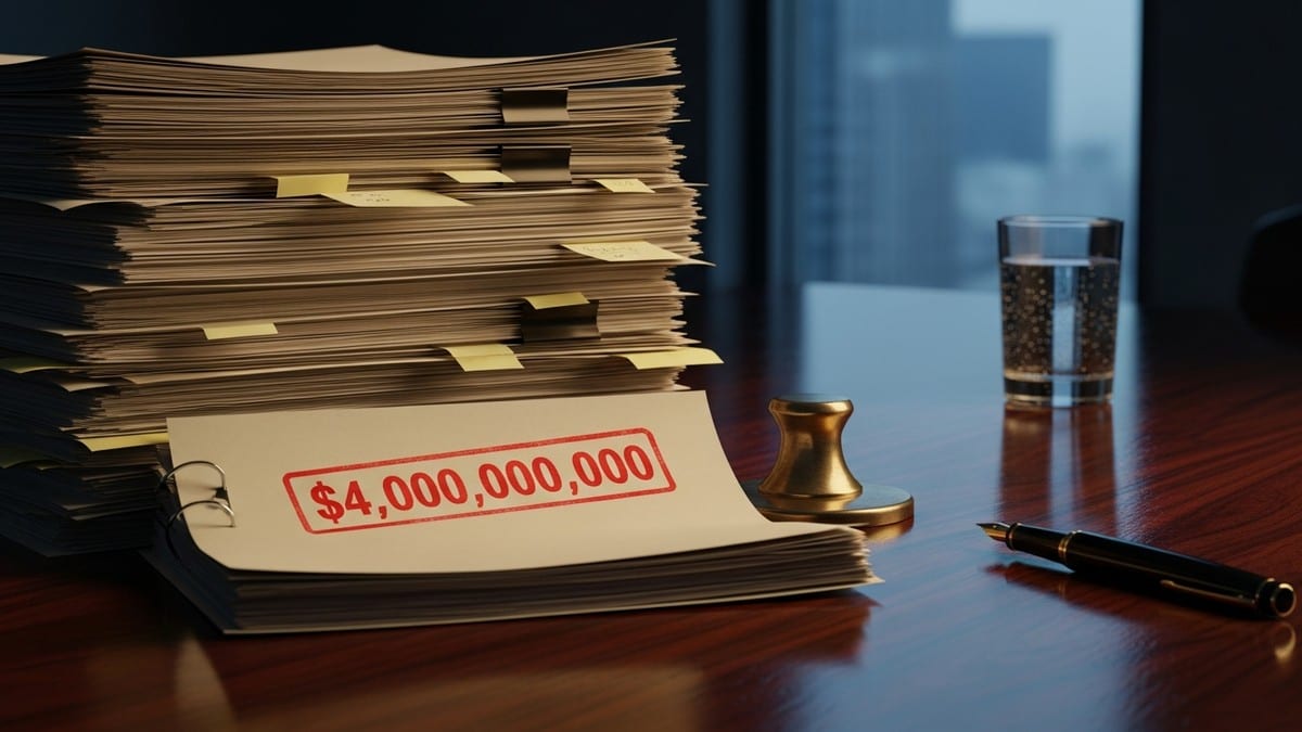 A towering stack of legal contracts on a dark mahogany boardroom table, topped with a document physically stamped '$4,000,000,000' in red ink. (16:9)