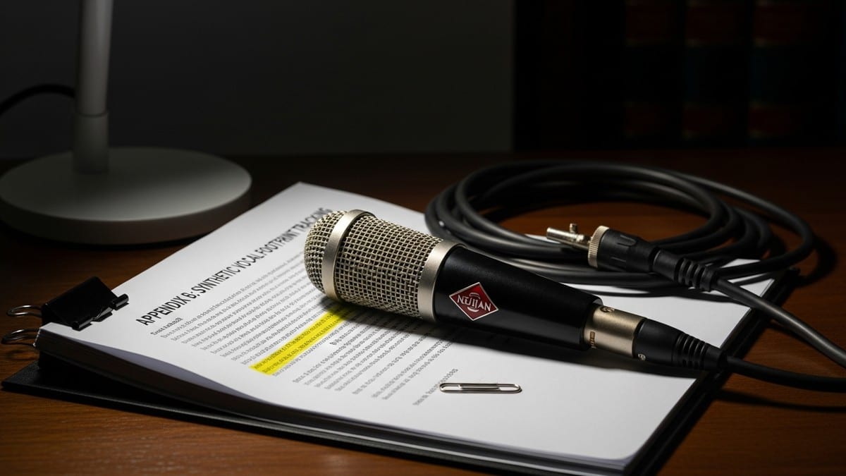 Close-up of a silver Neumann studio microphone resting on an open legal contract about synthetic vocals, illuminated by a desk lamp on a dark walnut table. (16:9)