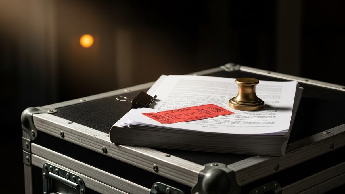 A thick stack of bound legal briefs and a single red concert ticket rest on a heavily worn black touring road case in a dim, empty loading dock. (16:9)