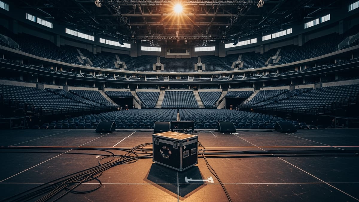 An editorial photo of a vast, empty sports arena from the perspective of the stage, featuring a single roadcase under a warm spotlight. (16:9)