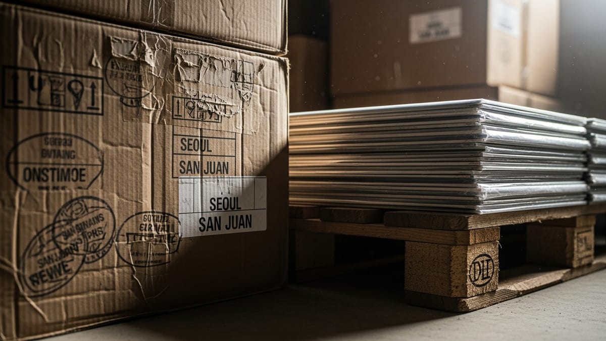 Close-up of weathered cardboard shipping boxes with faded, blurred international stamps stacked on a warehouse floor in soft morning light. (16:9)