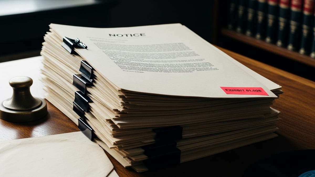 A close-up photograph of a thick stack of legal documents on a scarred wooden desk, topped with a warning letter and a red exhibit sticker. (16:9)