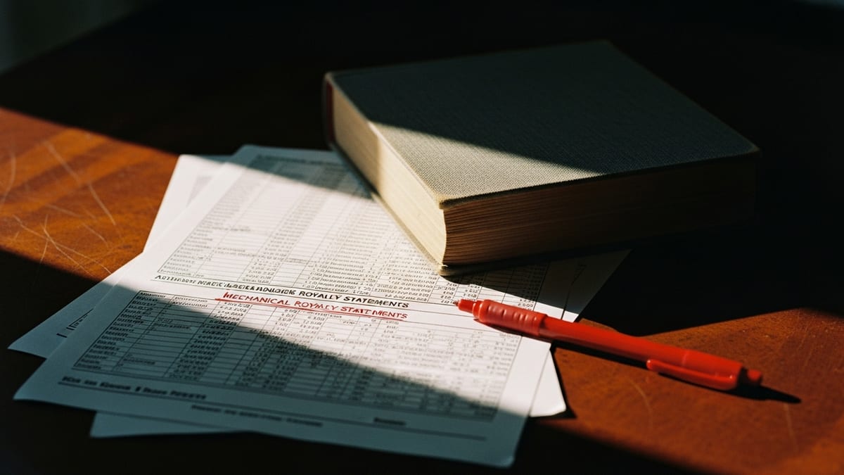 A thick, cloth-bound book rests heavily on top of printed mechanical royalty statements on a scratched mahogany desk in harsh afternoon window light. (16:9)