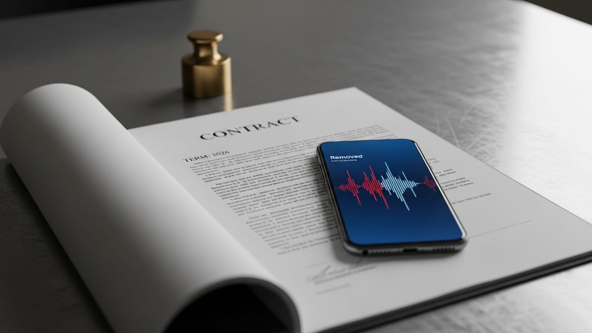 A smartphone displaying a red and white audio waveform rests on a heavily redacted legal contract atop a scratched aluminum conference table. (16:9)