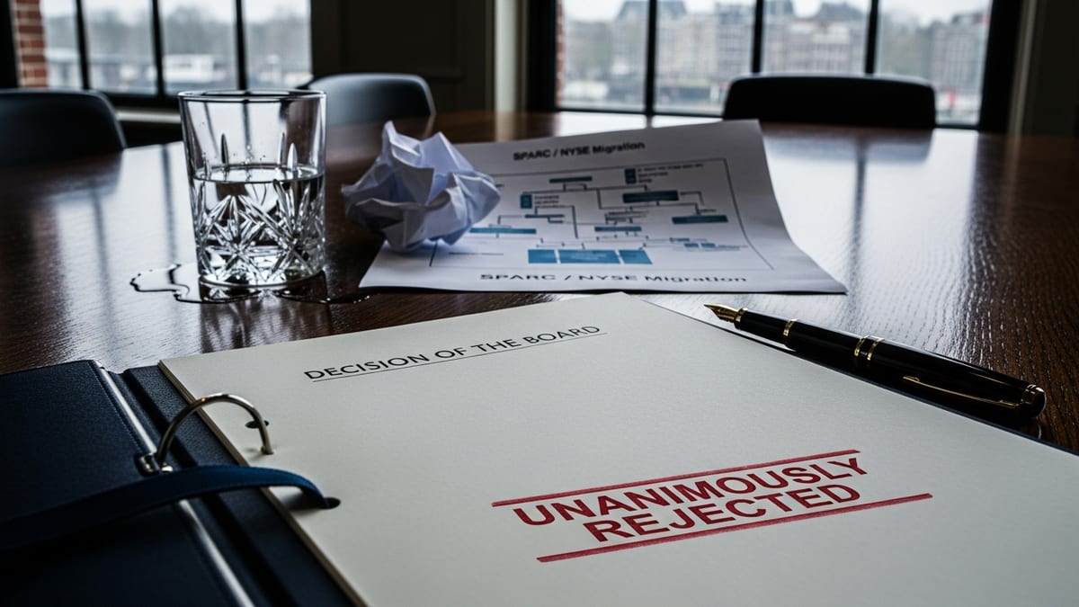 A close-up photograph of a formal corporate document on a dark wood table, stamped with 'UNANIMOUSLY REJECTED' in red ink next to a fountain pen, with a misty canal visible through a window in the background. (16:9)