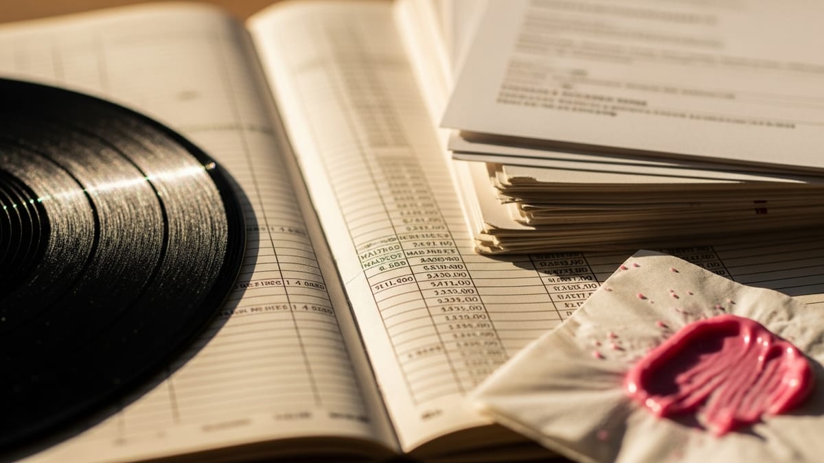 Macro editorial image of a vinyl record, blurred royalty ledger pages, stacked paperwork, and pink icing on a napkin. (16:9)